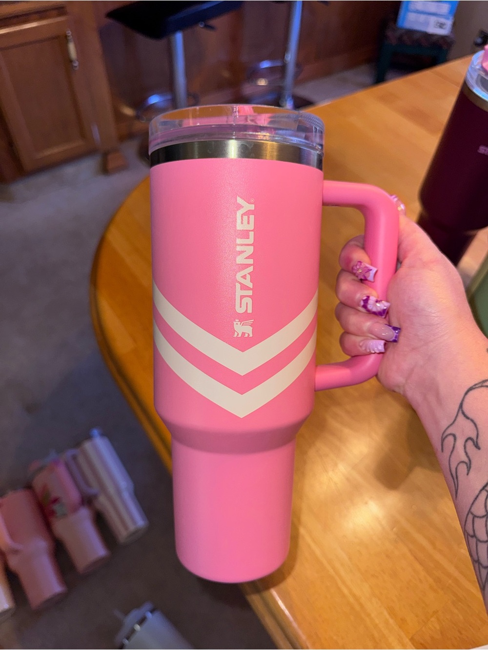 Stanley Pink Insulated Travel Mug with Handle and Chevron Accent